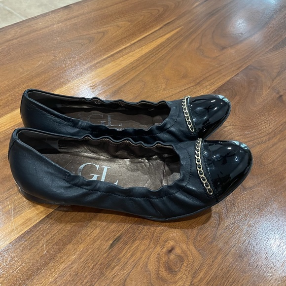 AGL Black Ballet Flat with Patent Leather Toe Cap, Gold Chain Hardware, Size 36 - Picture 2 of 5